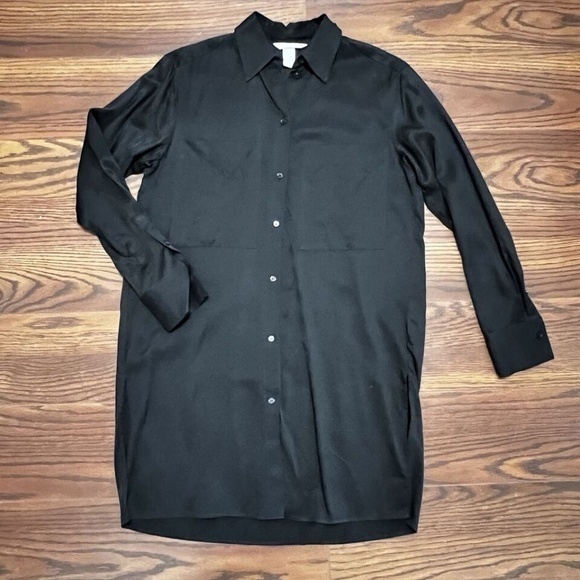 Black Satin Shirt‎ Dress Long Sleeve Button Up Pockets Oversized XS - Picture 3 of 10